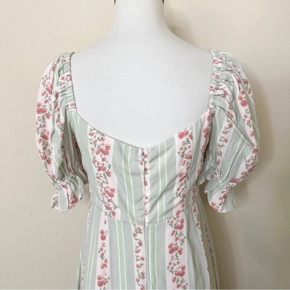 WeWoreWhat Sage Green Pink‎ Victorian Floral Stripe Puff Sleeve Corset Dress - Picture 11 of 15